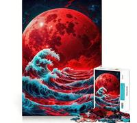 The Wave And The Red Moon Jigsaw Puzzle for Teenagers 1000 Pieces Enhance Recall Quiet Fun Exact Edge Artistic Gift (38x26cm)