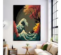 The Waves Off Kanagawa Pictures For Living Room | 80X120Cm Prints For Walls | Canvas Wall Art For Hallway Stairs | Room Decor | Unframed Posters | Olive Green Artwork (Japanese Illustration)