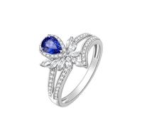 The Wedding Ring Sapphire Anniversary Ring 9K White Gold Silver Blue Water Drop with 0.5CT Sapphire and Diamond Size V 1/2 Solid Not Plated Fashion for Ladies Engagement