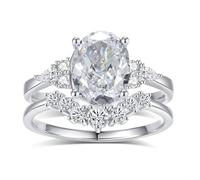 The Wedding Ring, Women's Anniversary Rings 2 Rings Set with 7X9mm Oval Moissanite Silver Platinum Size P 1/2