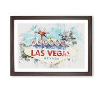 The Welcome to Las Vegas Sign Watercolour Framed Print | A2 Walnut Framed Wall Art | Ready to Hang | Modern Historical Picture | Living Room Bedroom Lounge Office