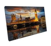 The Westminster Palace Big Ben Reflecting In The River Thames At Sunset London UK Wall Art Print On Canvas Picture For Home Office Decor 76x51cm (30x20In)