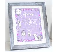 The Whistling Wren New Baby LILAC RABBIT Birth Print - New Baby Girl Gift - Baby Christening Gift - FRAMED or UNFRAMED (Lilac)
