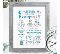 The Whistling Wren - Personalised Baby Boy Birth Print Picture with Birth Details and Fun Facts. Personalised New Baby Boy Gift. Christening Gift (BLUE & ORANGE) - FRAMED or UNFRAMED options.