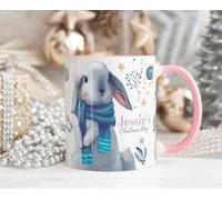 The Whistling Wren Personalised Cute Bunny Rabbit Mug with Name, Christmas Coffee Cup Hot Chocolate Mug, Personalised Mug & Coaster Set for Her