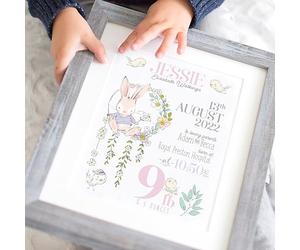 The Whistling Wren - Personalised Rabbit Birth Print - Birth Stats Personalisated New Baby Girl Gift Print - Perfect for a Spring or Easter baby! (Girl (Pink))