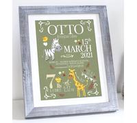 The Whistling Wren Personalised SAFARI Birth Print - Birth Stats New Baby Gift - FRAMED or UNFRAMED Options (KHAKI)
