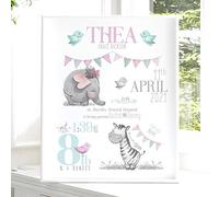 The Whistling Wren - Personalised Watercolour Safari Birth Print - Birth Stats New Baby Girl Gift - FRAMED or UNFRAMED Options - Pink (BABY GIRL)