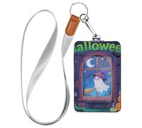 The White of Halloween Leather id Card Badge Holder with Lanyard and 3-Card Capacity id case Holder for Office School IDs,Hotel Key Cards, Pass Cards