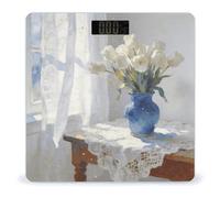 The White Tulips by The Window Bathroom Scale Automatic Power On/Off Body Scales LCD Backlight Display Square Digital Scale Rounded Corners Bathroom Scales for Home Bedrooms