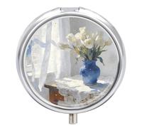 The White Tulips by The Window Round Pill Box Cute Small Fish Oil Cases Portable 3 Compartment Pill Boxes Round Pill Case with Mirror for Vitamins Medication Supplements Gift