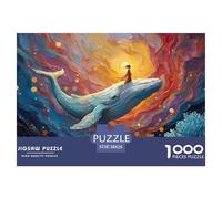 The White Whale Has A Girl Sitting 1000 Pieces Extra-thick Cardboard DIY Jigsaw Puzzle Flying Whale Stress Releasing Birthday Toy Puzzles Gifts for Family, Friends 38x26cm/1000pcs