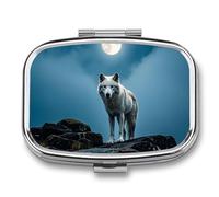 The White Wolf on The Rock Pill Box Travel Pill Organizer 2 Compartment Weekly Pill Case with Mirror A Day Medicine Container Medicine Organizer for Purse, Pocket, Or Wallet