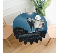 The White Wolf On The Rock Printed Round Tablecloth,Dust-Proof Wrinkle Resistant Table Cover Washable Polyester Table Cloth For Kitchen Dining Room Farmhouse Picnic Indoor Outdoor(Round 60 Inch)