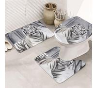the wild White tiger Printed Flannel Anti-Slip Bath Mat Set of 3-80x50cm | Bathroom Rug Set - Bath Mat + U-Shaped Pedestal Mat + O-Shaped Toilet Seat Cover