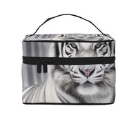 The Wild White Tiger Printing Makeup Bag for Women Portable Travel Cosmetic Case Make Up Organizer Bag Beauty Box with Inner Pouch and Handle