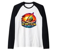 The Wind is Calling and I Must Go Windsurfing Windsurfer Fun Raglan Baseball Tee