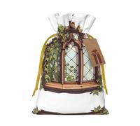 The Windows Of The Villa Gift Bag – Festive Full-Print Drawstring Pouch For Holiday, Birthday & Party Presents – Premium Lightweight Polyester Fabric With Kraft Tag Accent