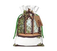 The Windows Of The Villa Gift Bag – Festive Full-Print Drawstring Pouch For Holiday, Birthday & Party Presents – Premium Lightweight Polyester Fabric With Kraft Tag Accent