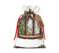 The Windows Of The Villa Gift Bag – Festive Full-Print Drawstring Pouch For Holiday, Birthday & Party Presents – Premium Lightweight Polyester Fabric With Kraft Tag Accent