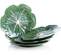 The Wine Savant Bordallo Pinheiro Cabbage Green Dinner Plate Set of 4 with Wine Savant Cleaning Towel - Gourmet Kitchen Presentation Lettuce Serving Dish Platter For Dinner, Party, Wedding Tableware