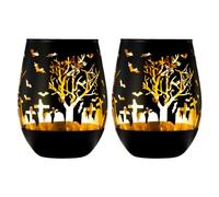 The Wine Savant Crystal Stemless Spooky Wine Glasses - Set of 2 - Themed Vibrant Black & Gold Spooky Ghost Pattern Frosted Glass, Themed Gothic Parties, Graveyard Black Gifts (16 OZ)