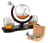 The Wine Savant Etched World Decanter Globe - Whiskey Gift Set with Antique Airplane, Stones, 2 World Map Glasses - Pilot Gift, Home Bar Décor