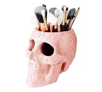The Wine Savant Skull Makeup Brush and Pen Holder Extra Large, Strong Resin Extra Large Halloween (Pink)