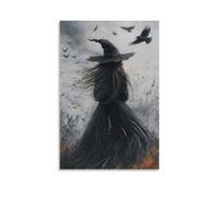 The Witch And Her Crows Spooky Season Halloween Gothic Witch Wall Art Paintings Canvas Prints Poster Artwork for Living Room Bedroom Bathroom Office Home Decor 16x24inch(40x60cm)