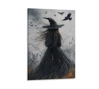 The Witch And Her Crows Spooky Season Halloween Gothic Witch Wall Art Paintings Canvas Prints Poster Artwork for Living Room Bedroom Bathroom Office Home Decor 12x18inch(30x45cm)