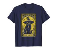 The Witch Cat Halloween Mystic Vintage Gothic Tarot Card T-Shirt, Men, Navy Blue, Medium
