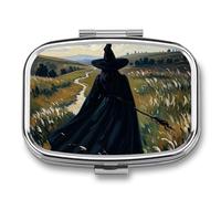 The Witch of Darkness Medicine Pill Box with 2 Compartments, Portable Pill Organizer for Pocket or Purse, Decorative Metal Medicine and Vitamins Organizer