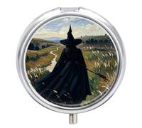The Witch of Darkness Pill Box Travel Pill Case for Purse Pocket Weekly Medicine Organizer with Mirror 3 Compartment Round Medicine Case Portable PillcaseHolder for Daily