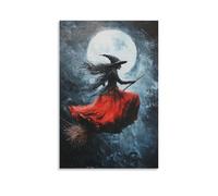 The Witch Rides Her Broom Under A Full Moon Witch Halloween Wall Art Paintings Canvas Prints Poster Artwork for Living Room Bedroom Bathroom Office Home Decor 12x18inch(30x45cm)