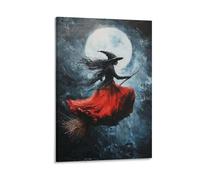 The Witch Rides Her Broom Under A Full Moon Witch Halloween Wall Art Paintings Canvas Prints Poster Artwork for Living Room Bedroom Bathroom Office Home Decor 12x18inch(30x45cm)