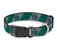 The Wizarding World of Harry Potter Pet Collar, Dog Collar Plastic Buckle, Slytherin Crest Diagonal Stripe Gray Green, 15 to 24 Inches 1.0 Inch Wide