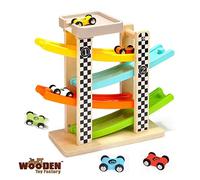 The Wooden Toy Factory - Click Clack Racing Track with *6* Cars - Includes Parking Lot - No Assembly Required