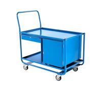 The Workplace Depot 2 Tier Steel Trolley - Blue Powder-Coated Steel Workshop Cart with Lockable Drawer & Cupboard, 150 kg Load Capacity, Swivel Castors, Ideal for Garages & Warehouses