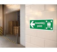 The Workplace Depot Fire Assembly Point Arrow Left Sign - 450x150mm Self-Adhesive Vinyl/1mm Rigid PVC, Weatherproof Safety Sign - Offices, Warehouses & Schools (Vinyl (Self Adhesive) Pack of 10)