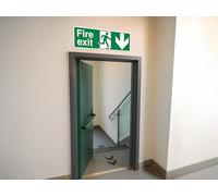The Workplace Depot Fire Exit Down Direction Sign - 150 x 450 mm Running Man & Down Arrow Sign, Self-Adhesive Vinyl or 1mm Rigid PVC for Offices, Warehouses & Public Buildings (PVC (Rigid))
