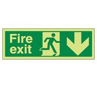 The Workplace Depot Fire Exit Down Glow in the Dark Safety Sign - Landscape 150 x 450 mm Photoluminescent PVC Sign, Running Man & Down Arrow - For Offices, Warehouses & Public Buildings