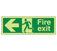 The Workplace Depot Fire Exit Left Glow-in-the-Dark Safety Sign - 150 x 450 mm Power-Free Photoluminescent PVC, Running Man & Left Arrow Sign - For Offices, Warehouses, Schools & Hotels