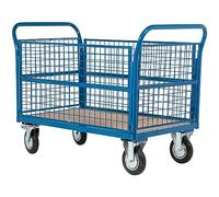 The Workplace Depot Flatbed Platform Trolley - Heavy Duty Steel, 500kg Load Capacity, Blue with Mesh Sides, 195mm Rubber Wheels - Industrial Warehouse (Base + x2 Mesh Ends & x2 Mesh Sides)
