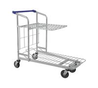 The Workplace Depot Flatbed Wholesale Trolley, 2 Tier Fully, Workshops | Nestable Steel Cart with Fold Down Shelf & Easy Grip Handle on Swivel Wheels for Warehouses, Retail Stores, Workshops.