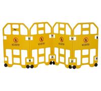 The Workplace Depot Folding Maintenance Barricade - 4-Panel Rapid-Deploy Portable Safety Barrier, High-Visibility Yellow Polyethylene with “No Entry” Sign and 80mm Casters for Industrial & Office Use