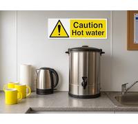 The Workplace Depot Hot Water Warning Safety Sign, Instant Hazard, Vinyl | Hot Water Warning Safety Sign, 150x450mm, Self-Adhesive Vinyl; For Kitchens, Bathrooms & Industrial Wash Areas.