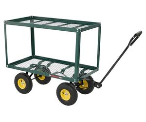 The Workplace Depot Industrial Double Tier Turntable Trolley - Durable Steel Construction, Pneumatic Wheels, Epoxy Coated Finish - Perfect for Outdoor, Warehouse, and Agricultural Transport