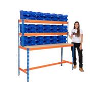 The Workplace Depot Industrial Workbench with Storage Bins, Heavy Duty 400kg UDL Blue/Orange Workstation with MDF Shelves (with x40 Large Blue Bins)