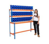 The Workplace Depot Large Garage Workbench, with x70 Medium Blue Bins | Large Garage Workbench, Heavy Duty 400kg UDL Blue/Orange Workstation with MDF Shelves (with x70 Medium Blue Bins).