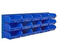 The Workplace Depot Louvre Panel & Bins Kit - Steel Wall-Mounted Storage Organiser 460(H) × 1490(W) mm with Plastic Bins - Ideal Workshop, Garage & Office (Blue, with x15 Large Bins)